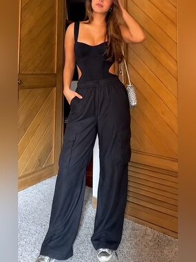 SHEIN Elastic Waist Wide-Leg High-Rise Cargo Pants Black Lightweight Large
